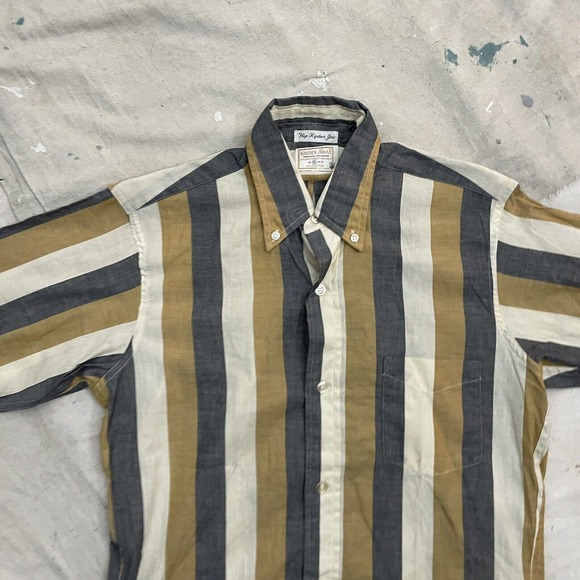 Vintage 1950s Vertical Stripe Side Button Jac Button Collar Shirt Mens S/M - Picture 2 of 11